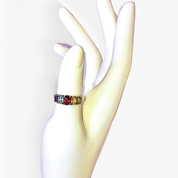 MULTI-GEMSTONE Sterling Silver Single Band Inlay Vintage Ring Sz 7 - Picture 7 of 17